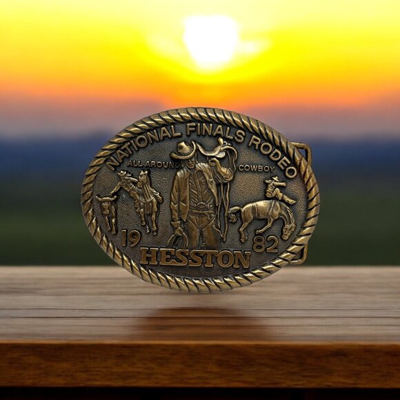 Vintage 1982 Brass Hesston National Finals Rodeo 8th Edition Belt Buckle - Picture 2 of 4